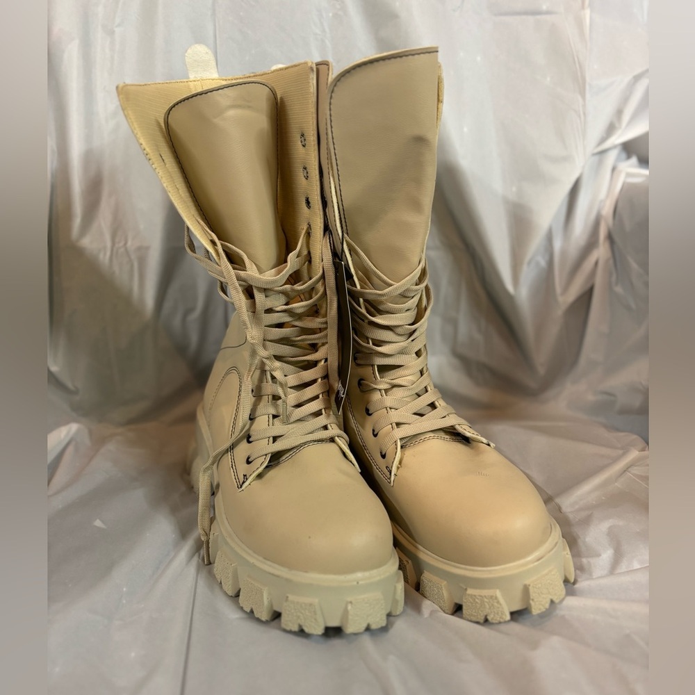 Nasty Gal Cream Combat Moto Boots with Rugged Sole